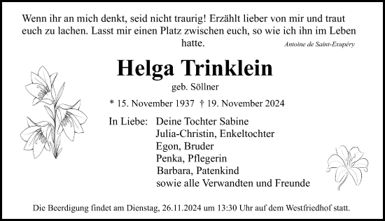 Traueranzeige von Helga Trinklein von Gesamtausgabe Nürnberger Nachrichten/ Nürnberger Ztg.