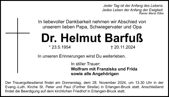 Traueranzeige von Helmut Barfuß von Erlanger Nachrichten Lokal