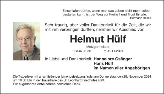 Traueranzeige von Helmut Hülf von Gesamtausgabe Nürnberger Nachrichten/ Nürnberger Ztg.