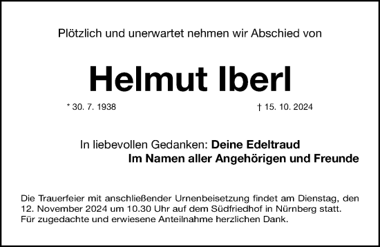 Traueranzeige von Helmut Iberl von Gesamtausgabe Nürnberger Nachrichten/ Nürnberger Ztg.