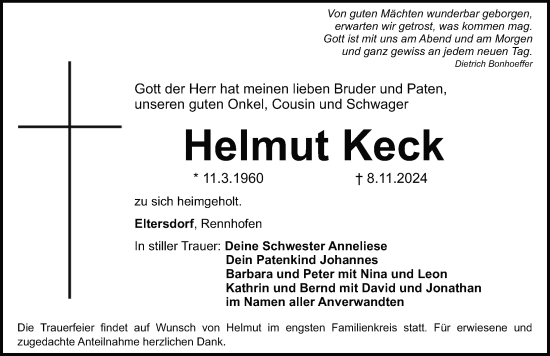 Traueranzeige von Helmut Keck von Erlanger Nachrichten Lokal