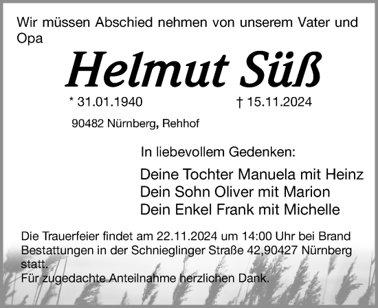 Traueranzeige von Helmut Süß von Gesamtausgabe Nürnberger Nachrichten/ Nürnberger Ztg./ Roth-Hilpoltsteiner Volkszeitung