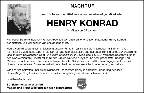 Traueranzeige von Henry Konrad von Neumarkter Nachrichten Lokal