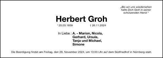 Traueranzeige von Herbert Groh von Gesamtausgabe Nürnberger Nachrichten/ Nürnberger Ztg.