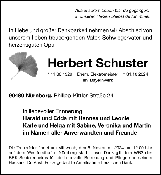 Traueranzeige von Herbert Schuster von Gesamtausgabe Nürnberger Nachrichten/ Nürnberger Ztg.