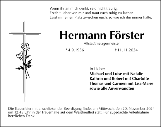 Traueranzeige von Hermann Förster von Gesamtausgabe Nürnberger Nachrichten/ Nürnberger Ztg.