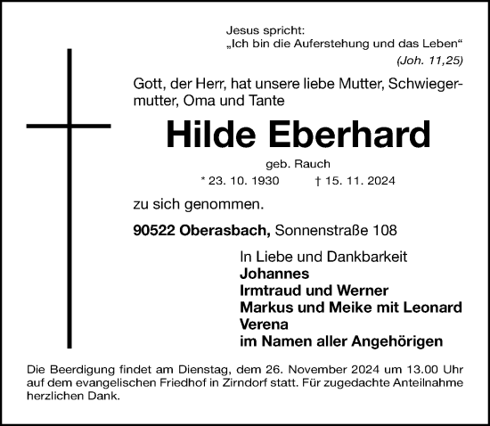 Traueranzeige von Hilde Eberhard von Fürther Nachrichten Lokal