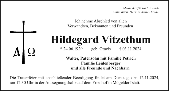 Traueranzeige von Hildegard Vitzethum von Gesamtausgabe Nürnberger Nachrichten/ Nürnberger Ztg.