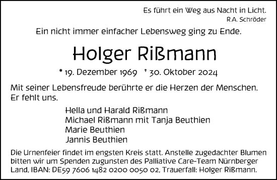 Traueranzeige von Holger Rißmann von Gesamtausgabe Nürnberger Nachrichten/ Nürnberger Ztg.