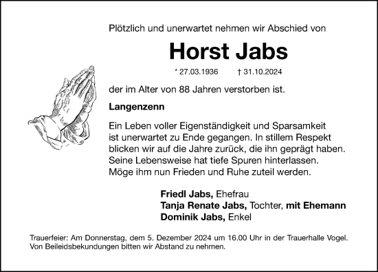 Traueranzeige von Horst Jabs von Fürther Nachrichten Lokal