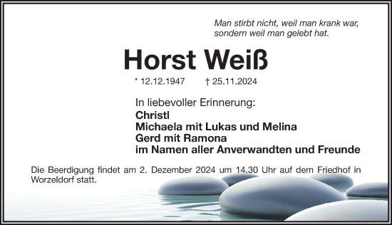 Traueranzeige von Horst Weiß von Gesamtausgabe Nürnberger Nachrichten/ Nürnberger Ztg.
