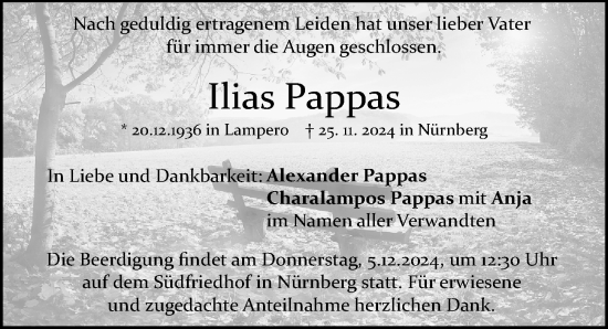 Traueranzeige von Ilias Pappas von Gesamtausgabe Nürnberger Nachrichten/ Nürnberger Ztg.