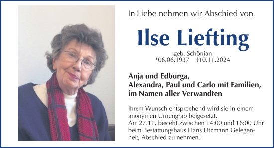 Traueranzeige von Ilse Liefting von Erlanger Nachrichten Lokal