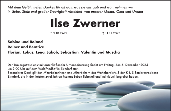 Traueranzeige von Ilse Zwerner von Fürther Nachrichten Lokal
