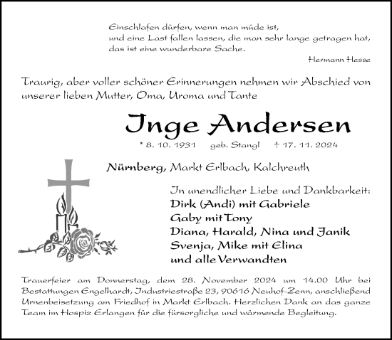 Traueranzeige von Inge Andersen von Gesamtausgabe Nürnberger Nachrichten/ Nürnberger Ztg.