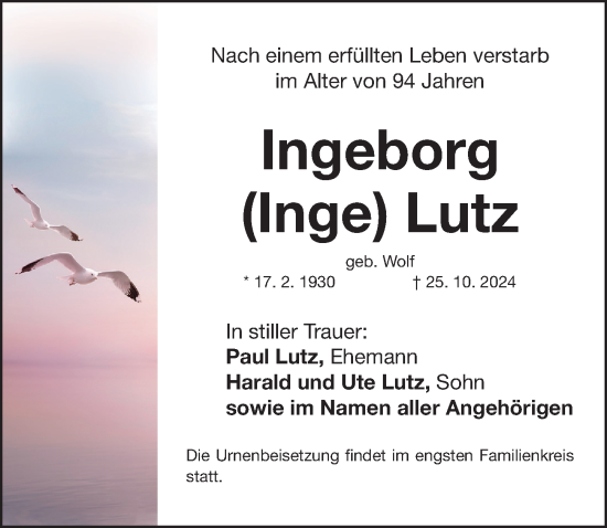 Traueranzeige von Ingeborg Lutz von Roth-Hilpoltsteiner Volkszeitung Lokal