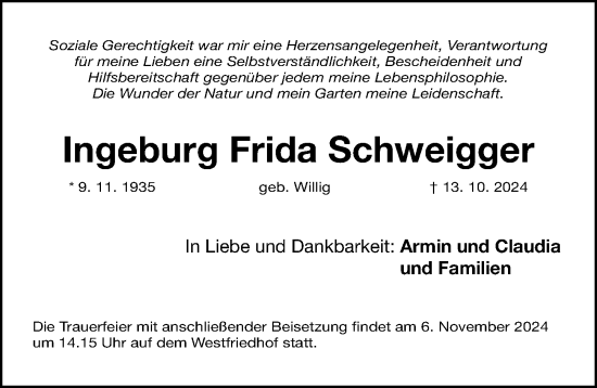 Traueranzeige von Ingeburg Frida Schweigger von Gesamtausgabe Nürnberger Nachrichten/ Nürnberger Ztg.