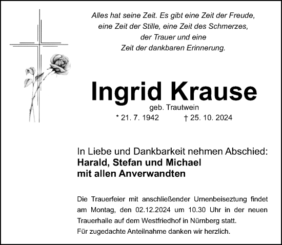 Traueranzeige von Ingrid Krause von Gesamtausgabe Nürnberger Nachrichten/ Nürnberger Ztg.