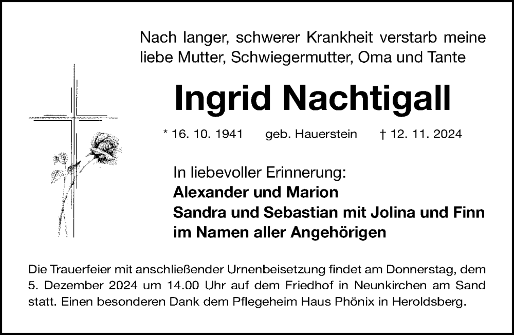  Traueranzeige für Ingrid Nachtigall vom 30.11.2024 aus Gesamtausgabe Nürnberger Nachrichten/ Nürnberger Ztg.