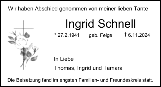 Traueranzeige von Ingrid Schnell von Erlanger Nachrichten Lokal
