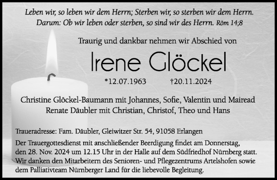 Traueranzeige von Irene Glöckel von Gesamtausgabe Nürnberger Nachrichten/ Nürnberger Ztg.