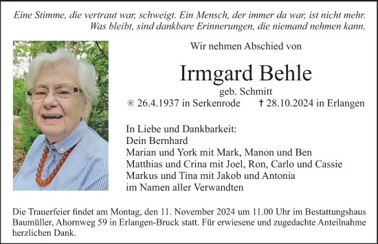 Traueranzeige von Irmgard Behle von Erlanger Nachrichten Lokal