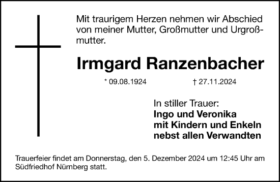 Traueranzeige von Irmgard Ranzenbacher von Gesamtausgabe Nürnberger Nachrichten/ Nürnberger Ztg.