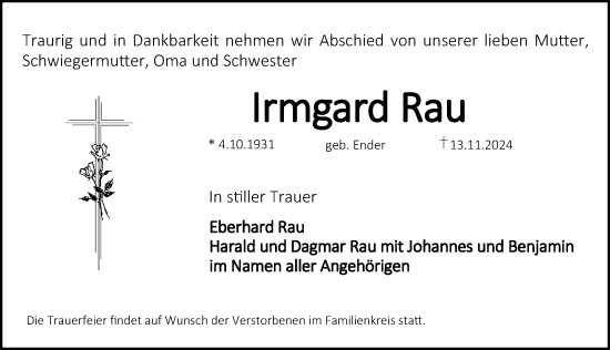 Traueranzeige von Irmgard Rau von Erlanger Nachrichten Lokal