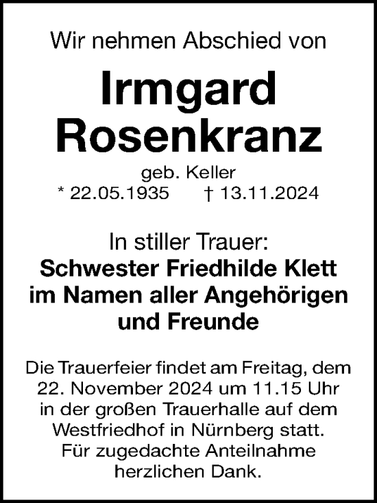 Traueranzeige von Irmgard Rosenkranz von Gesamtausgabe Nürnberger Nachrichten/ Nürnberger Ztg.