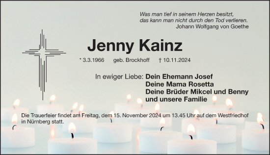 Traueranzeige von Jenny Kainz von Gesamtausgabe Nürnberger Nachrichten/ Nürnberger Ztg.