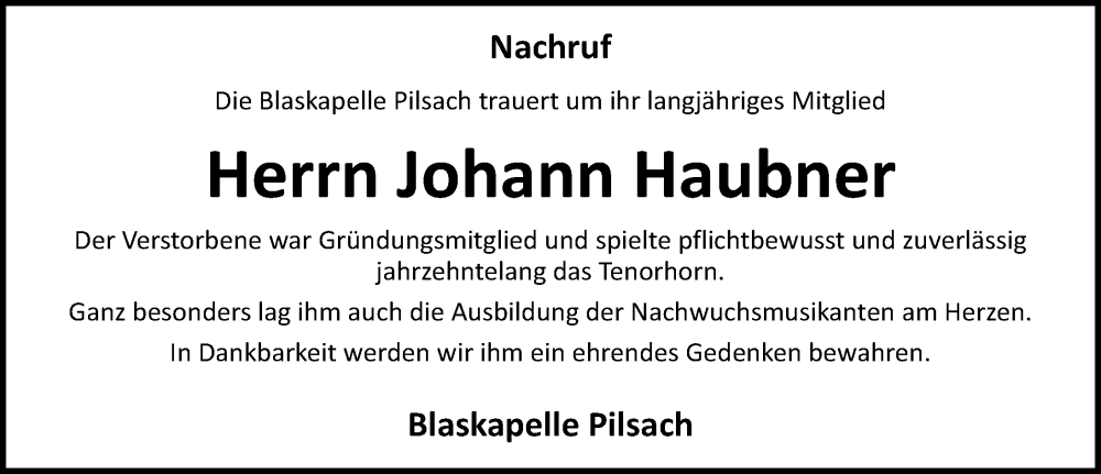  Traueranzeige für Johann Haubner vom 20.11.2024 aus Neumarkter Nachrichten Lokal