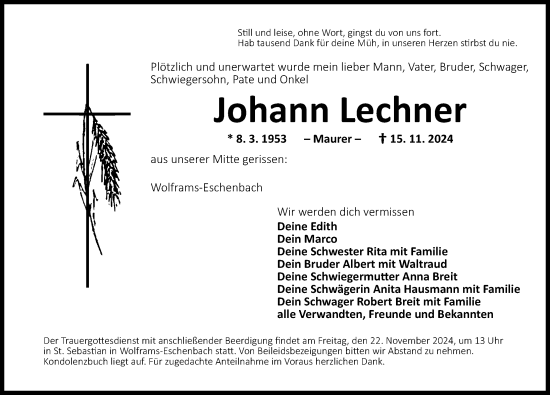 Traueranzeige von Johann Lechner von Altmühl-Bote Lokal