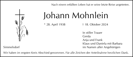 Traueranzeige von Johann Mohnlein von Gesamtausgabe Nürnberger Nachrichten/ Nürnberger Ztg.