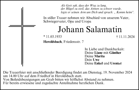 Traueranzeige von Johann Salamatin von Nordbayerische Nachrichten Forchheim Lokal