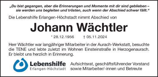 Traueranzeige von Johann Wächtler von Nordbayerische Nachrichten Herzogenaurach Lokal