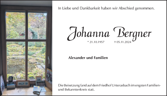Traueranzeige von Johanna Bergner von Schwabacher Tagblatt Lokal