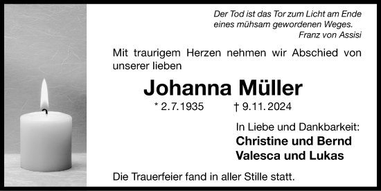 Traueranzeige von Johanna Müller von Gesamtausgabe Nürnberger Nachrichten/ Nürnberger Ztg.