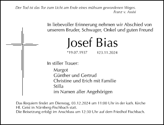 Traueranzeige von Josef Bias von Gesamtausgabe Nürnberger Nachrichten/ Nürnberger Ztg.