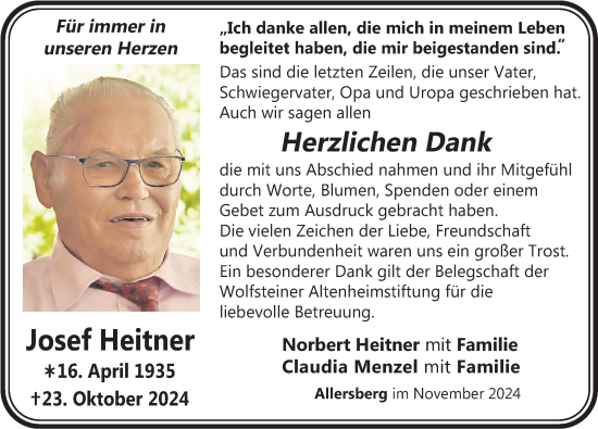 Traueranzeige von Josef Heitner von Roth-Hilpoltsteiner Volkszeitung Lokal