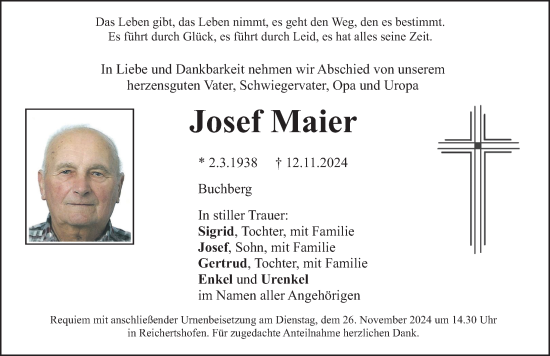 Traueranzeige von Josef Maier von Neumarkter Nachrichten Lokal