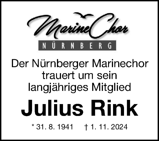 Traueranzeige von Julius Rink von Gesamtausgabe Nürnberger Nachrichten/ Nürnberger Ztg.