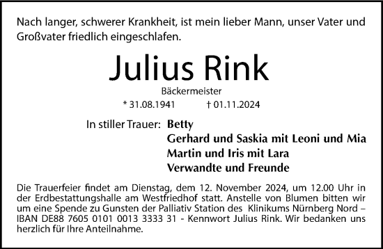 Traueranzeige von Julius Rink von Gesamtausgabe Nürnberger Nachrichten/ Nürnberger Ztg.