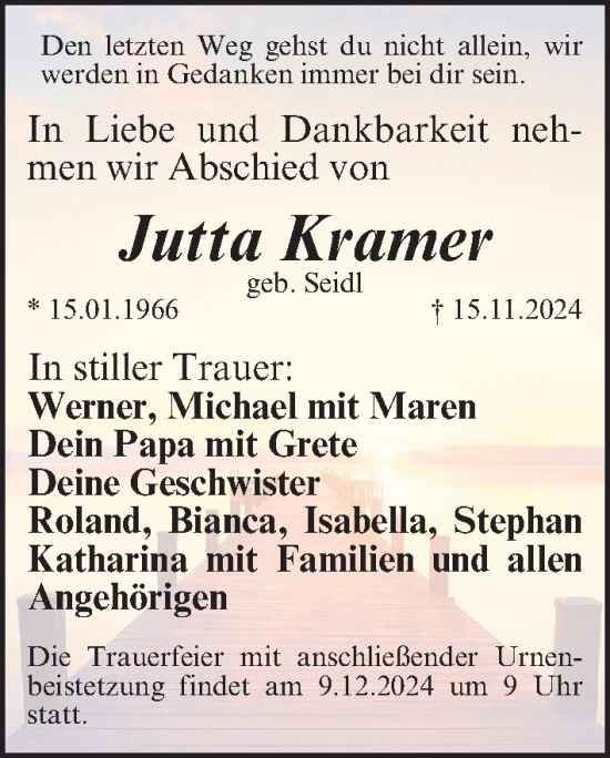 Traueranzeige von Jutta Kramer von Gesamtausgabe Nürnberger Nachrichten/ Nürnberger Ztg.