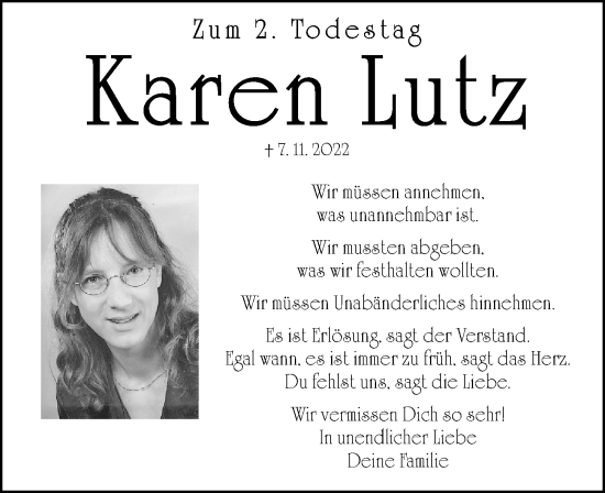 Traueranzeige von Karen Lutz von Gesamtausgabe Nürnberger Nachrichten/ Nürnberger Ztg.