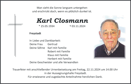 Traueranzeige von Karl Closmann von Neumarkter Nachrichten Lokal