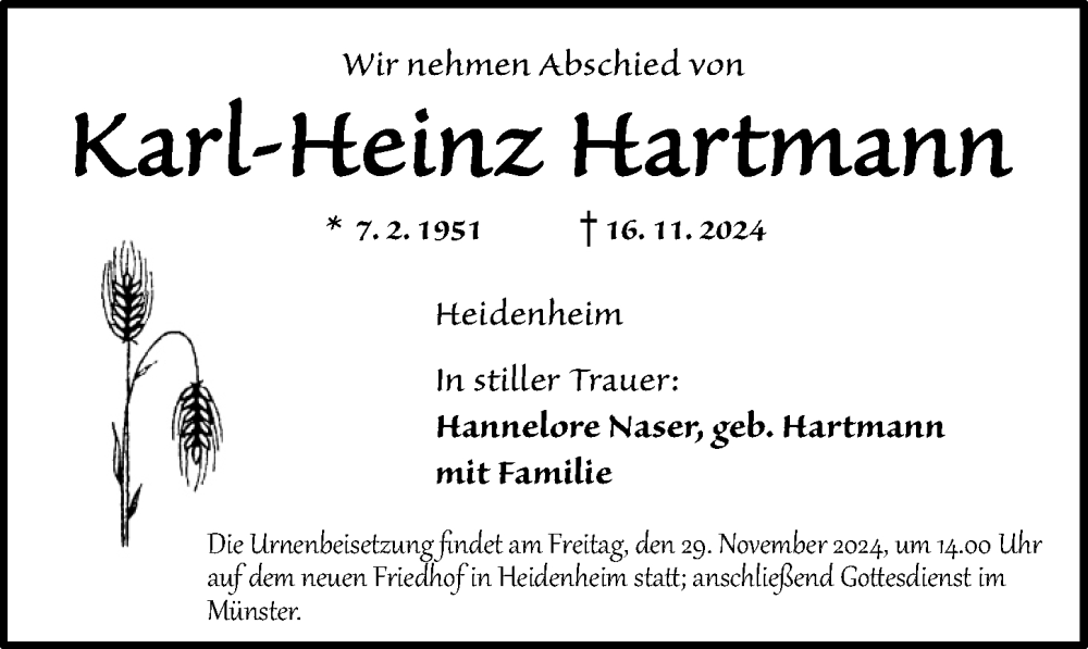  Traueranzeige für Karl-Heinz Hartmann vom 27.11.2024 aus Altmühl-Bote Lokal