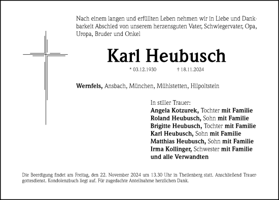 Traueranzeige von Karl Heubusch von Roth-Hilpoltsteiner Volkszeitung Lokal