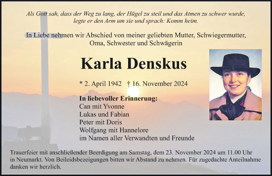 Traueranzeige von Karla Denskus von Neumarkter Nachrichten Lokal