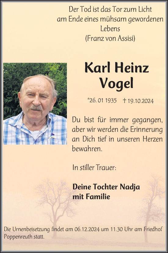 Traueranzeige von Karl Heinz Vogel von Fürther Nachrichten Lokal