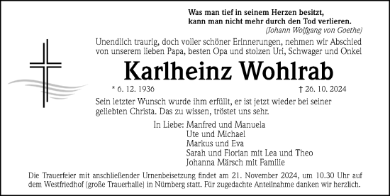 Traueranzeige von Karlheinz Wohlrab von Gesamtausgabe Nürnberger Nachrichten/ Nürnberger Ztg.